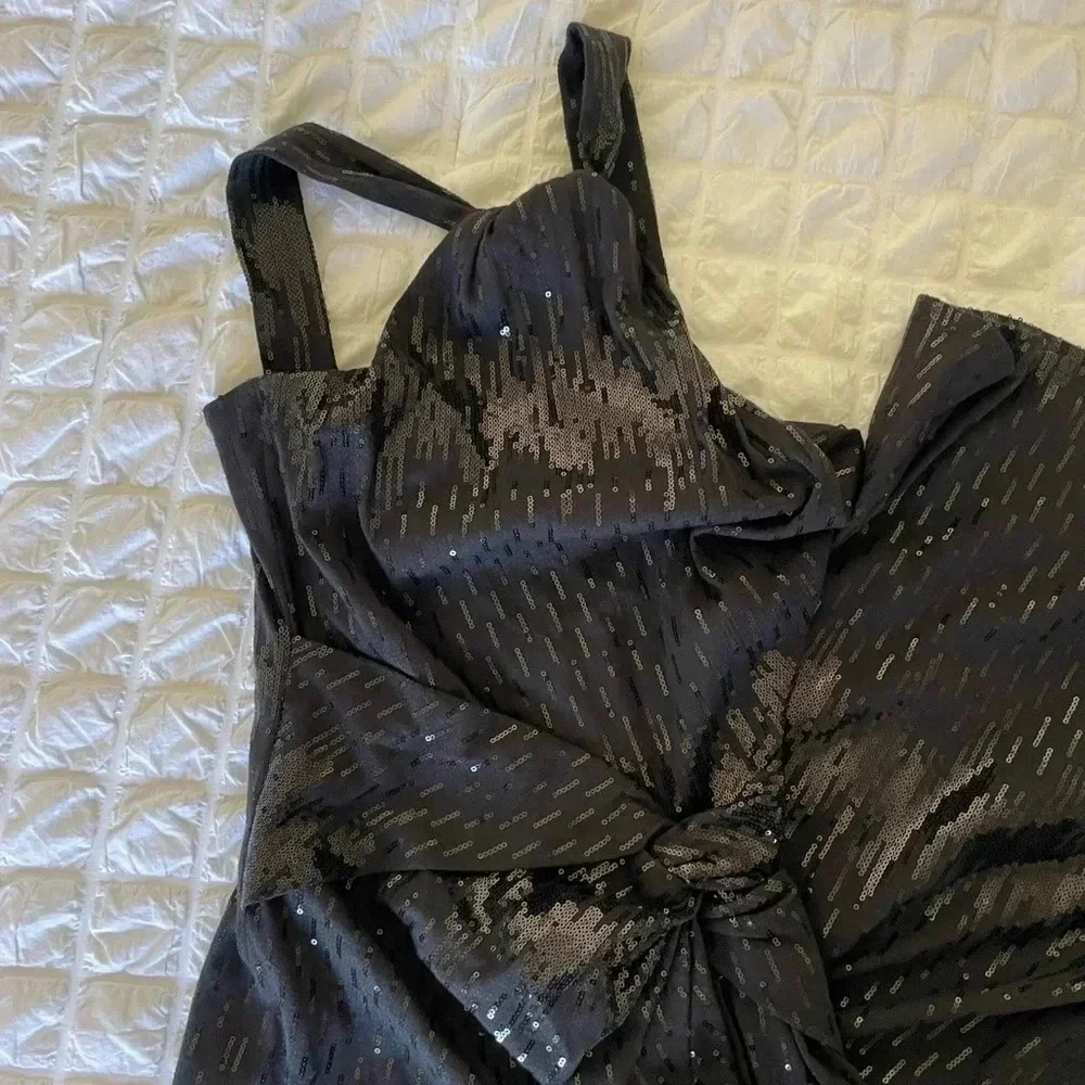 David Meister black halter sequin maxi evening dress